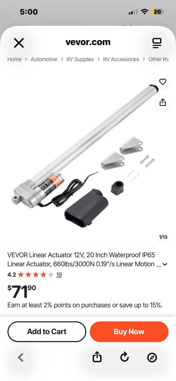 VEVOR 12V Linear Actuator 20 in Stroke 660 lb 3000N OK648/OK648-A