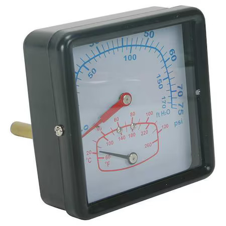 Zoro Select 4Cfc7 Boiler Gauge, Square, 0-75 Psi, 60 To 260 F,  4Cfc7
