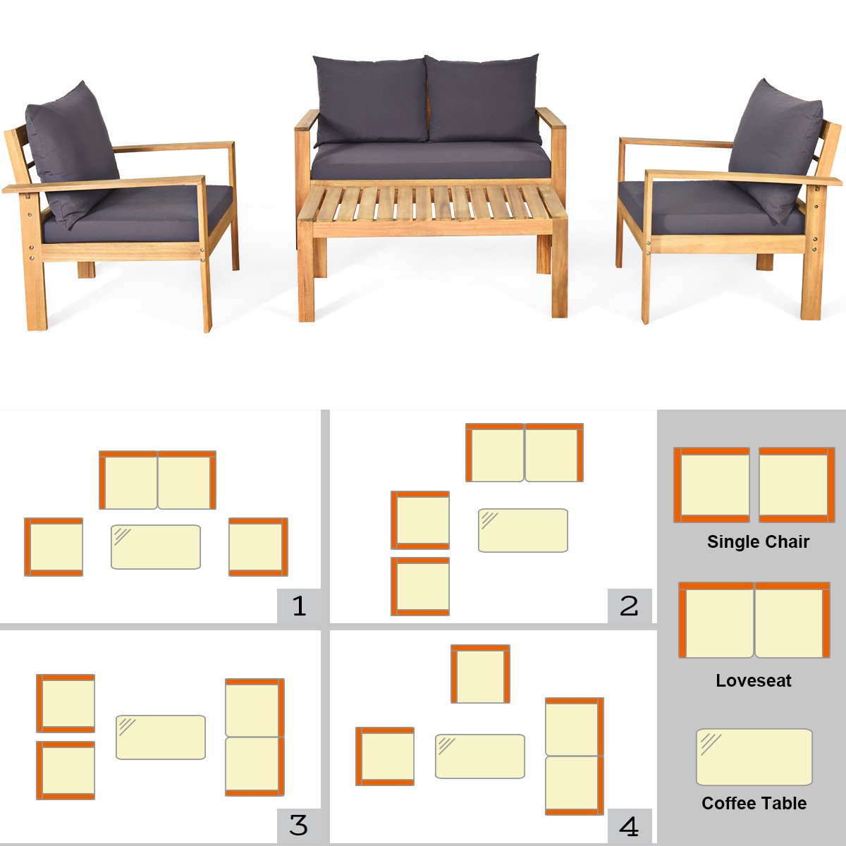 Topbuy 4 PCS Acacia Wood Conversation Sofa Table Furniture Set W/ Grey Cushions