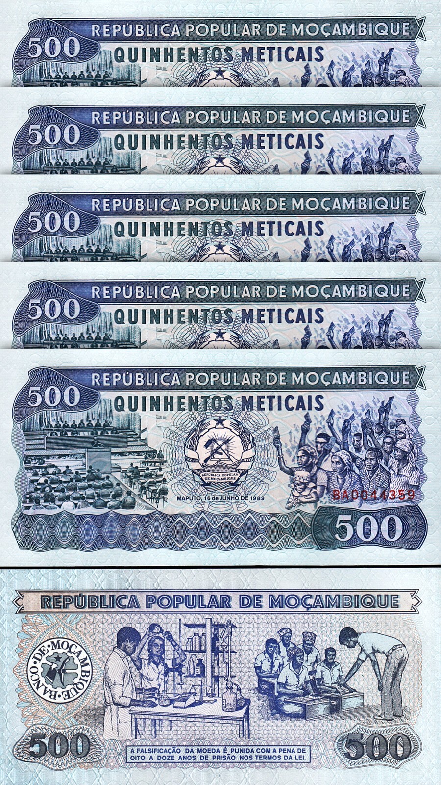Mozambique 500 Meticais, 1989, UNC- 5 Pcs LOT,  P-131c