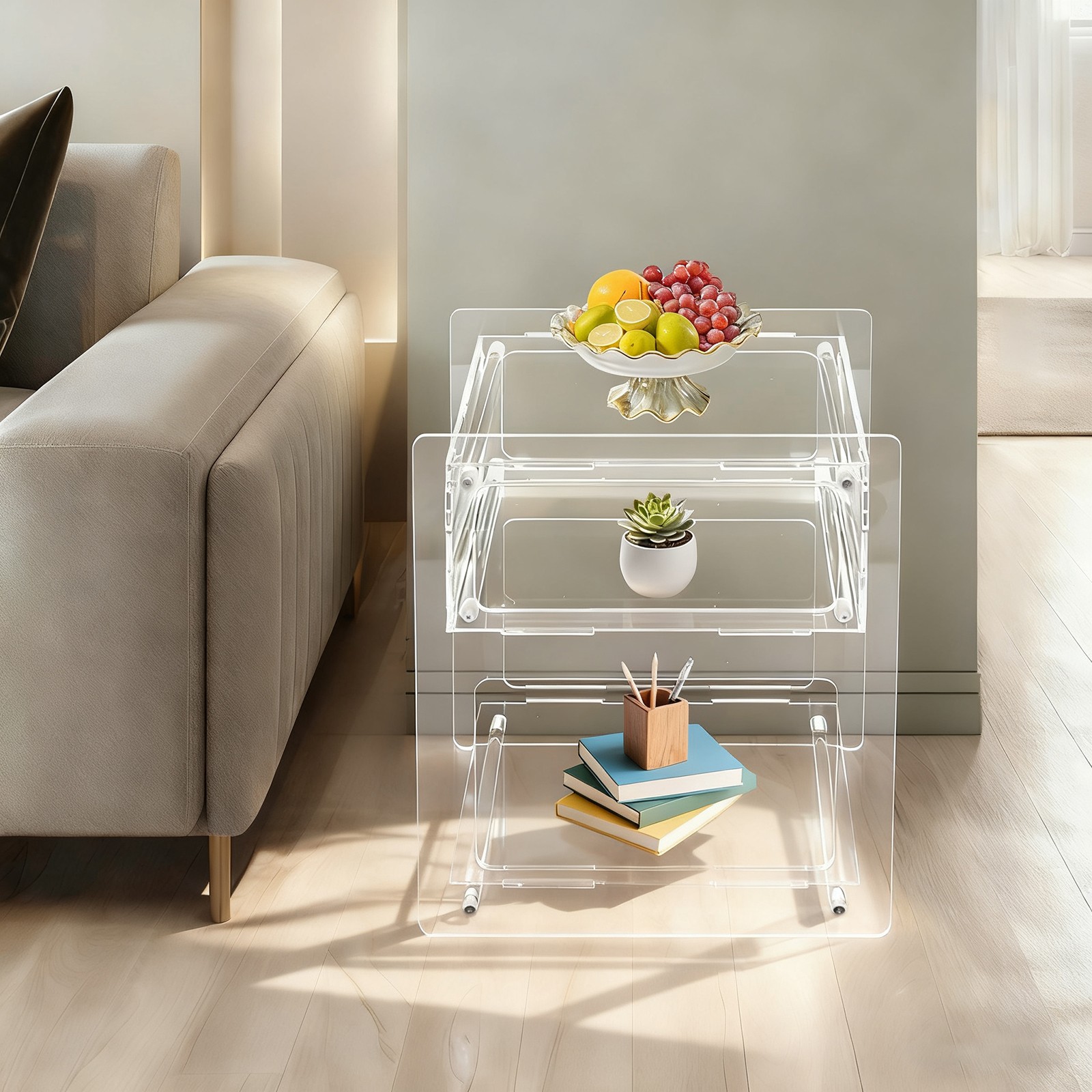 Clear Acrylic Side Table, Acrylic Nightstand, Rectangle Storage Shelf