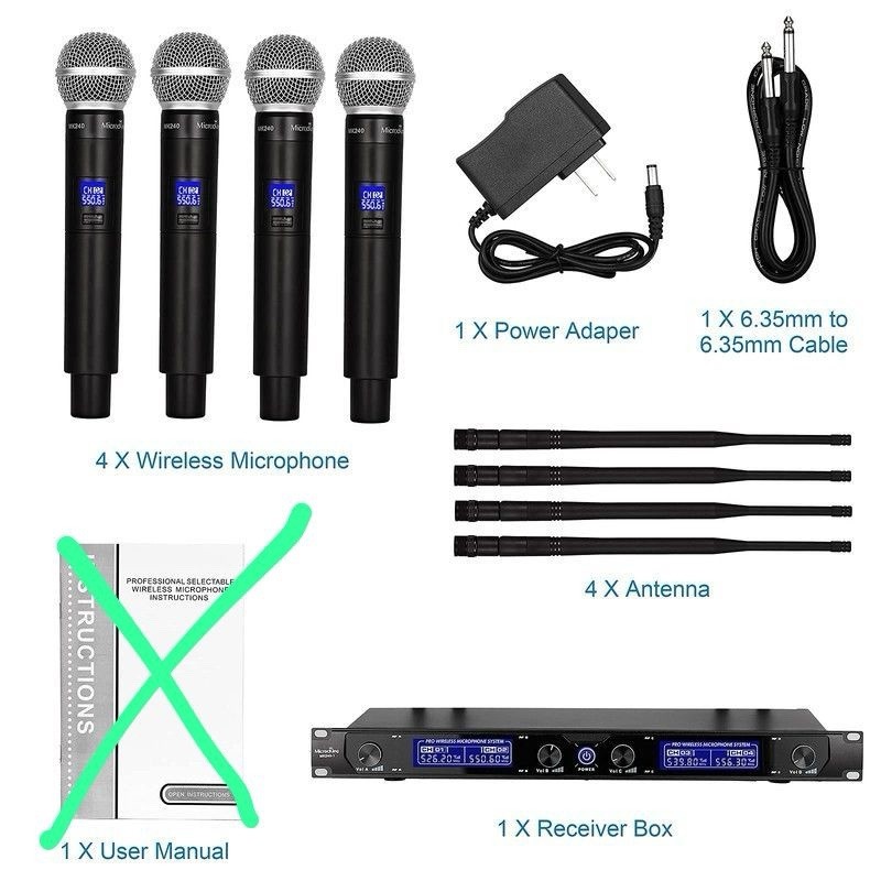 Wireless Microphone System, with 4 Handheld Mics, Metal Build, MK240-1