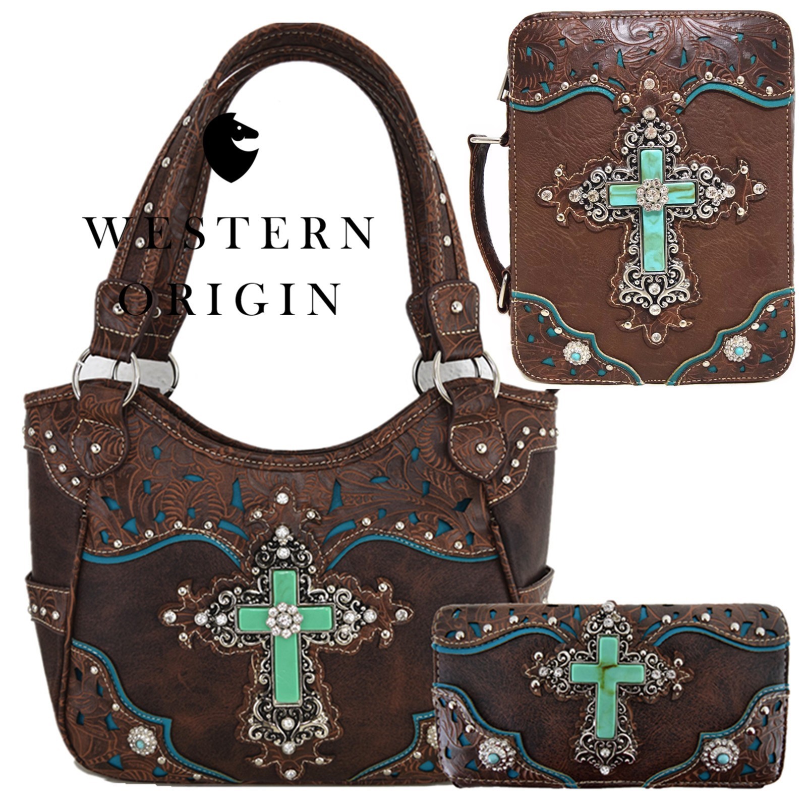 Western Cross Studded Handbag Women Carry Purse Wallet Bible Cover Books Case BR