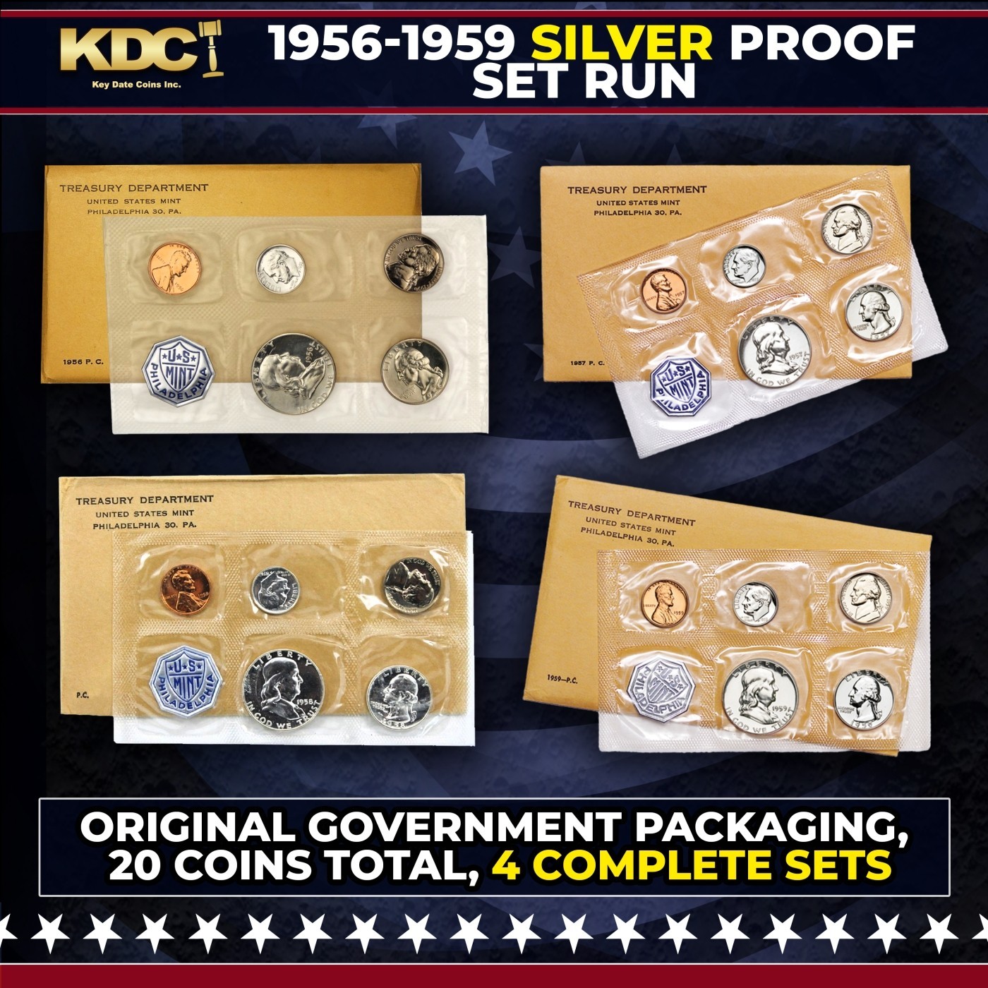 1956-1959 Silver Proof Set Run in Original Government Packaging, 20 Coins, OGP