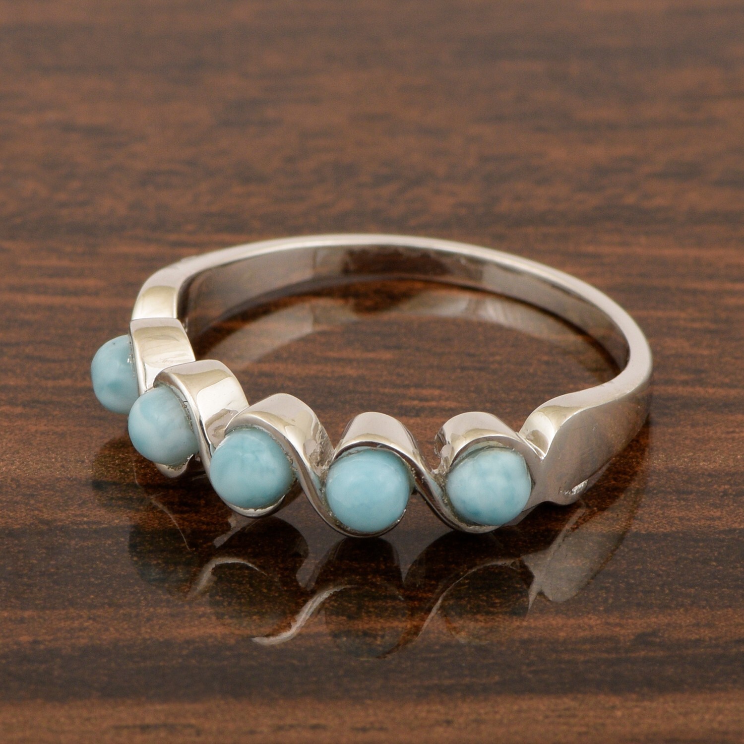 3MM Round Blue Turquoise 925 Sterling Silver Five Stone Women Promise Ring