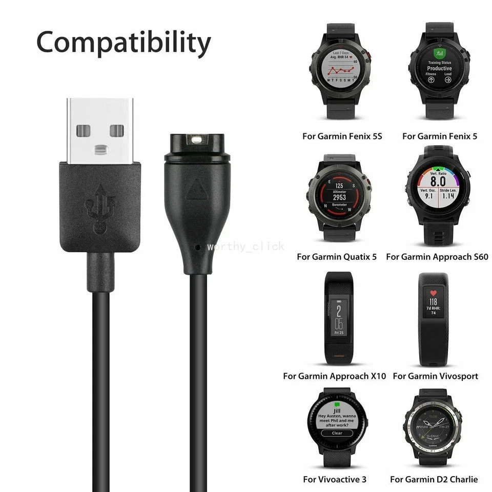 Garmin Instinct 2 Solar Charger Replacement Charging Charge Cable Cord USB Black