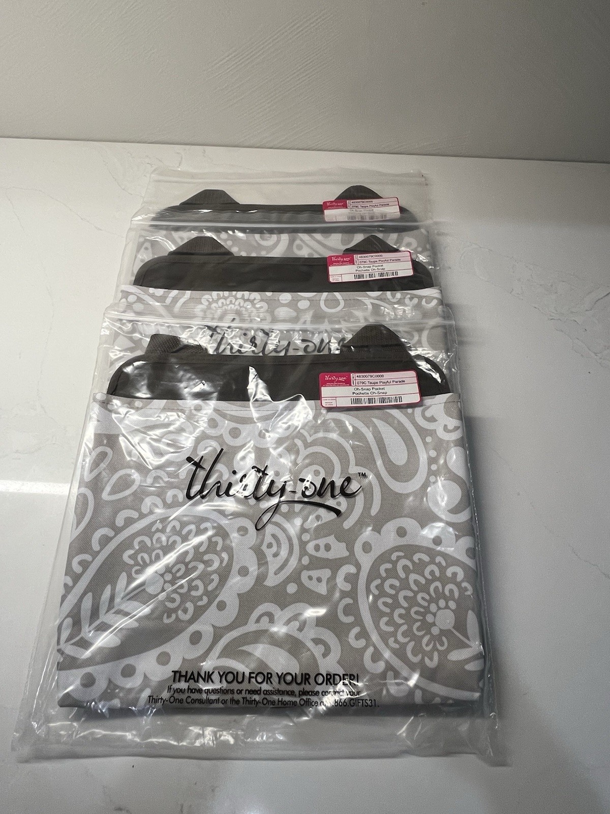 Thirty-One Gifts "Oh-Snap Pockets" in  "Taupe Playful Parade" pattern, Set Of 3