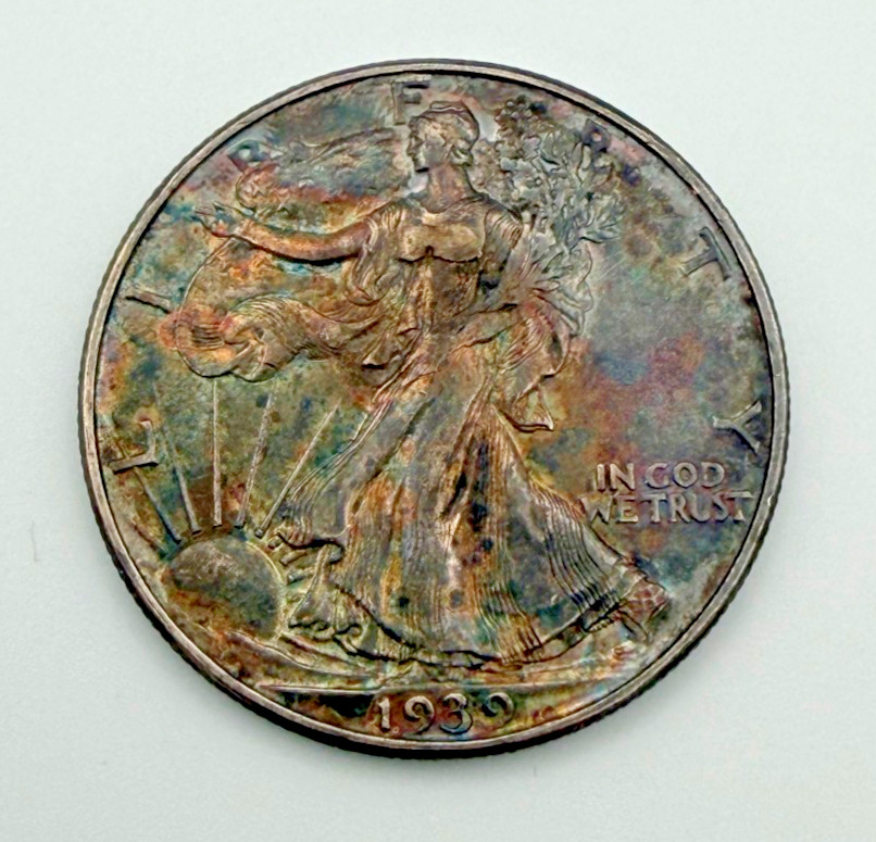 1939 D Liberty Walker Silver Half Dollar - TONED Deep Blue some Rainbow