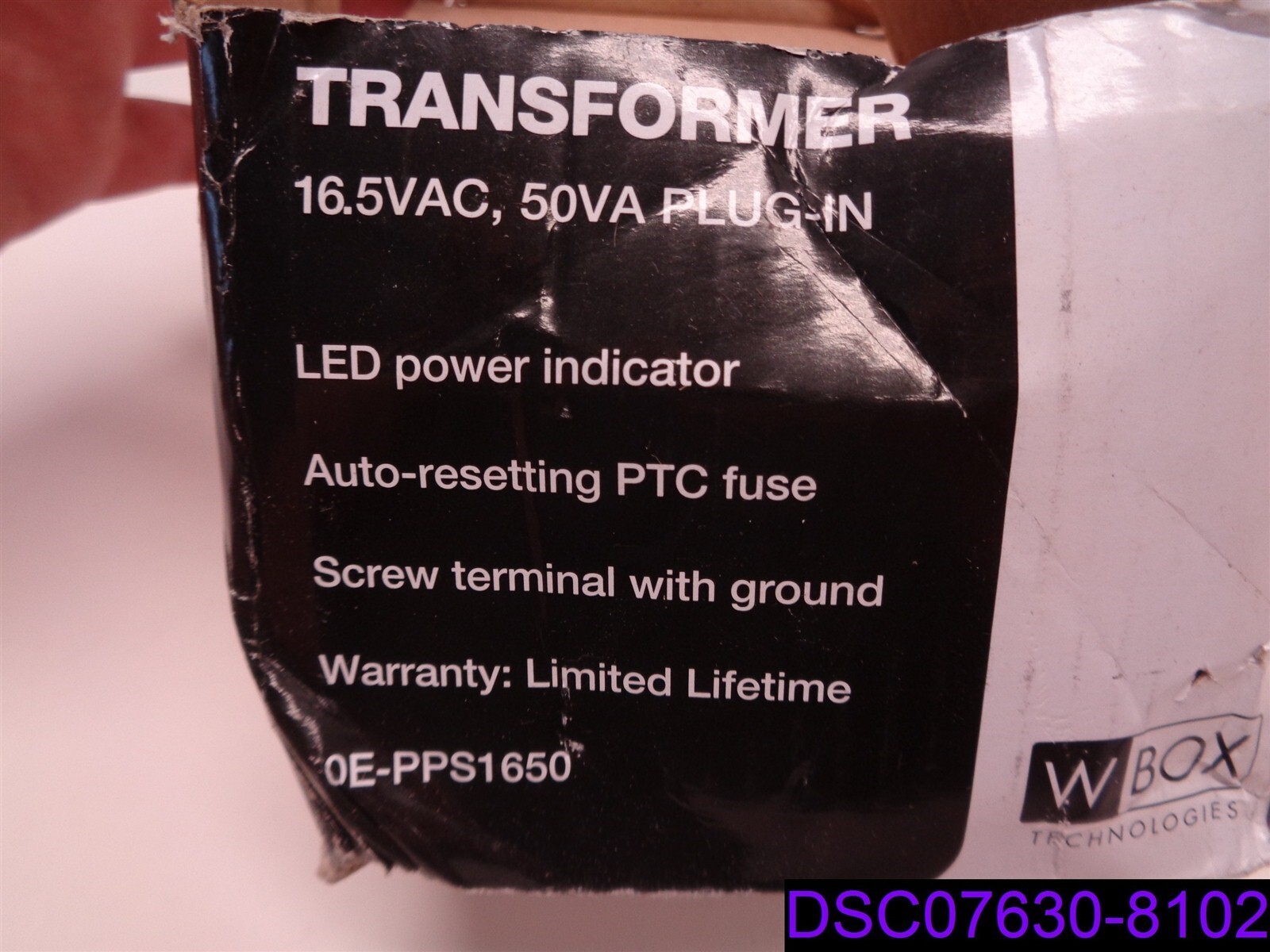 W Box Technologies Transformer 16.5VAC, 50VA Plug-In P/N PPS1650