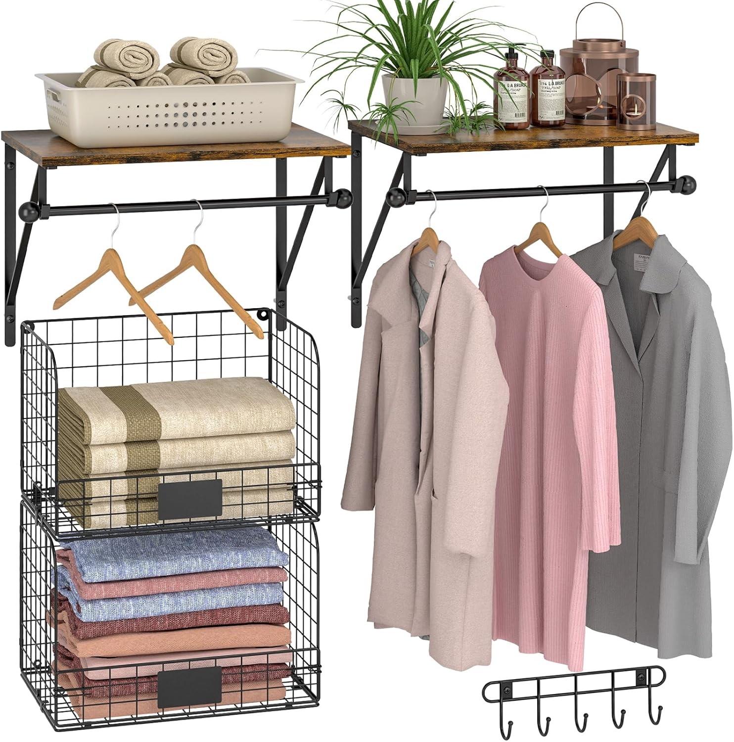 Wall Mounted Laundry Shelves with Wire Baskets Over Washer Dryer Storage