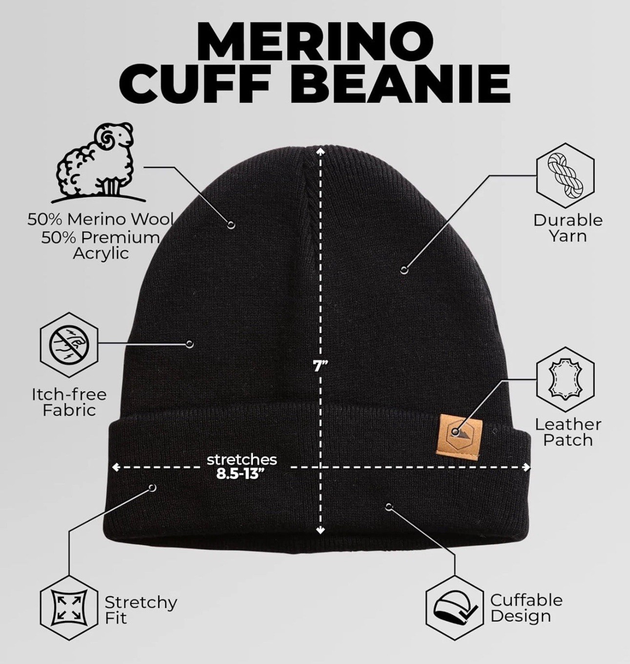 Tough Headwear Merino Wool Knit Beanie Cap - Warm One Size, Basic - Jet Black