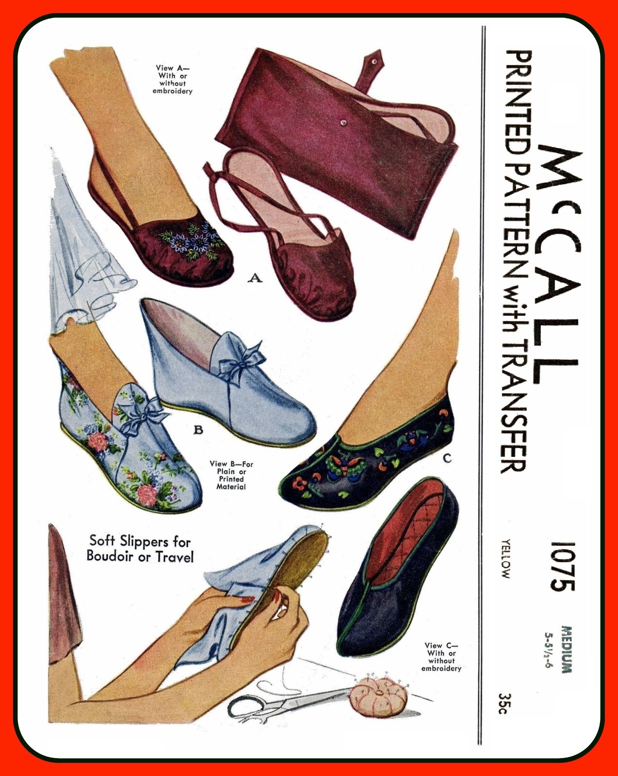 Misses SLIPPER Pattern with Travel BAG M or L McCall 1075 Vintage 1943 Craft