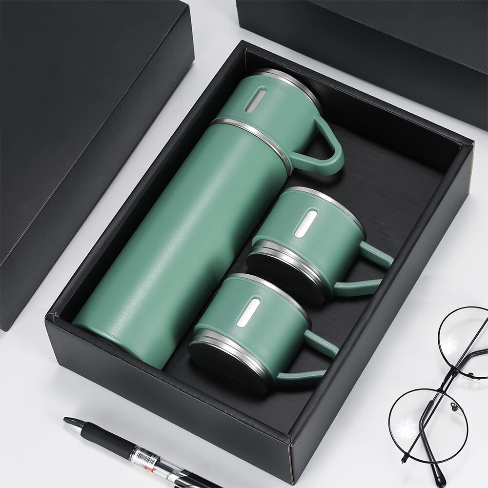 Stainless Steel Vacuum Flask (Black): One Flask with Three Lids