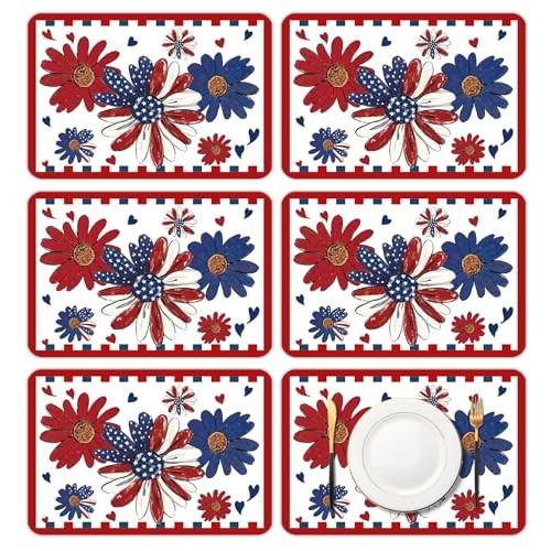 6 Pcs 4th of July Plastic Placemats, 11x16 Inch Independence Day flower flag