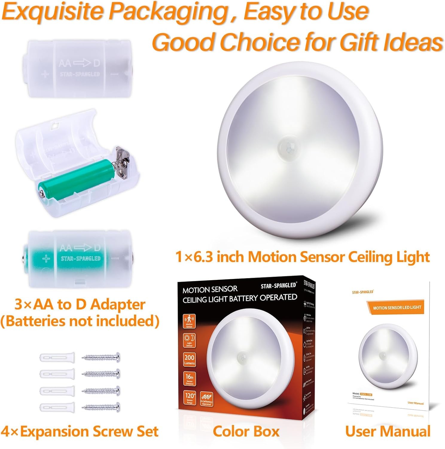 STAR-SPANGLED Motion Sensor Ceiling Light 6.3" Battery Operated Indoor