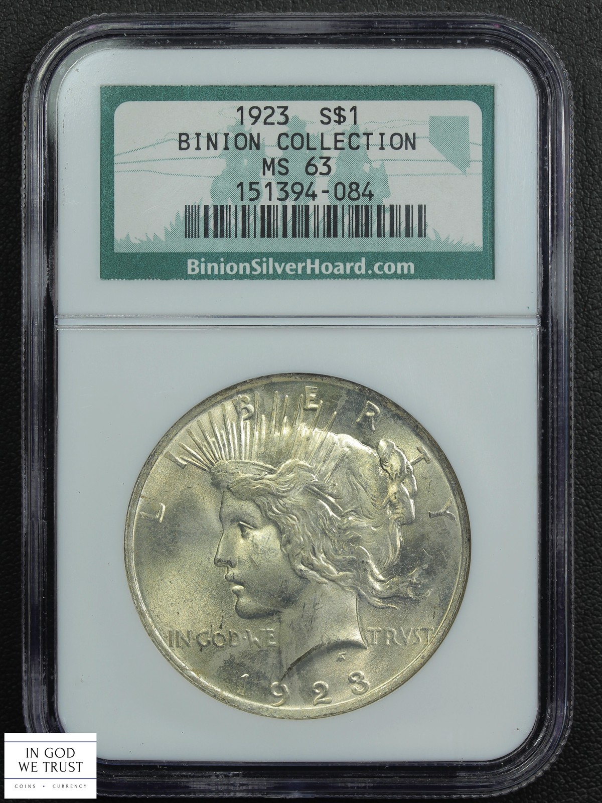 1923 BINION HOARD Collection Peace Silver Dollar $1 NGC MS 63