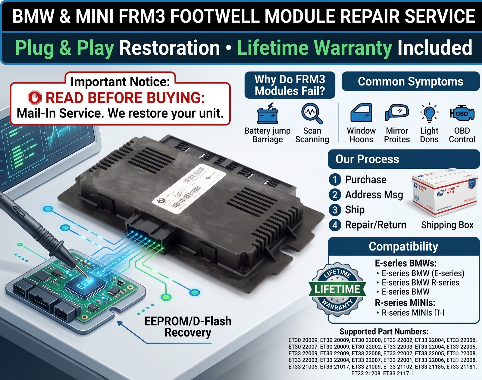 BMW MINI FRM3 Footwell Module Repair Service Recovery Corrupted Firmware PnP