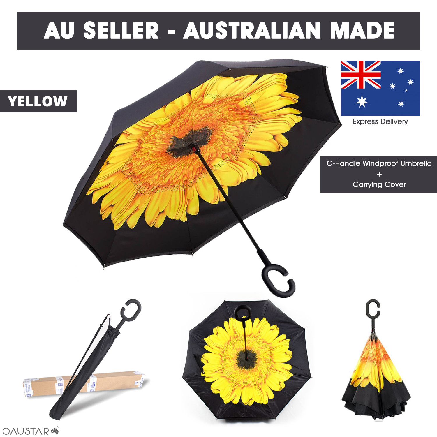 Inverted Reverse,C-Handle Folding Umbrella -Upside Down-Windproof with Carry Bag