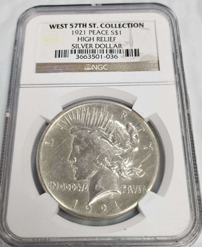1921 PEACE $1 HIGH RELIEF SILVER DOLLAR NGC WEST 57TH ST COLLECTION O130