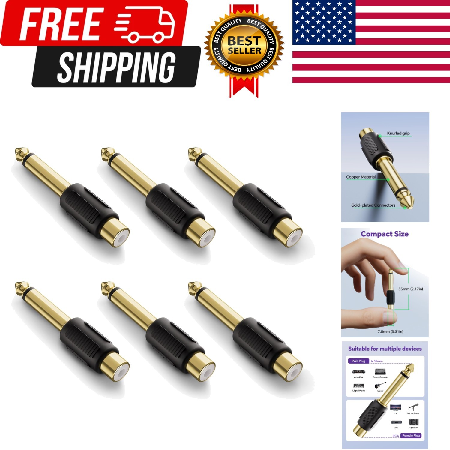 RCA To 1/4" Audio Adapter 6.35Mm Mono Plug Male To RCA Female Connectors 6 Pack