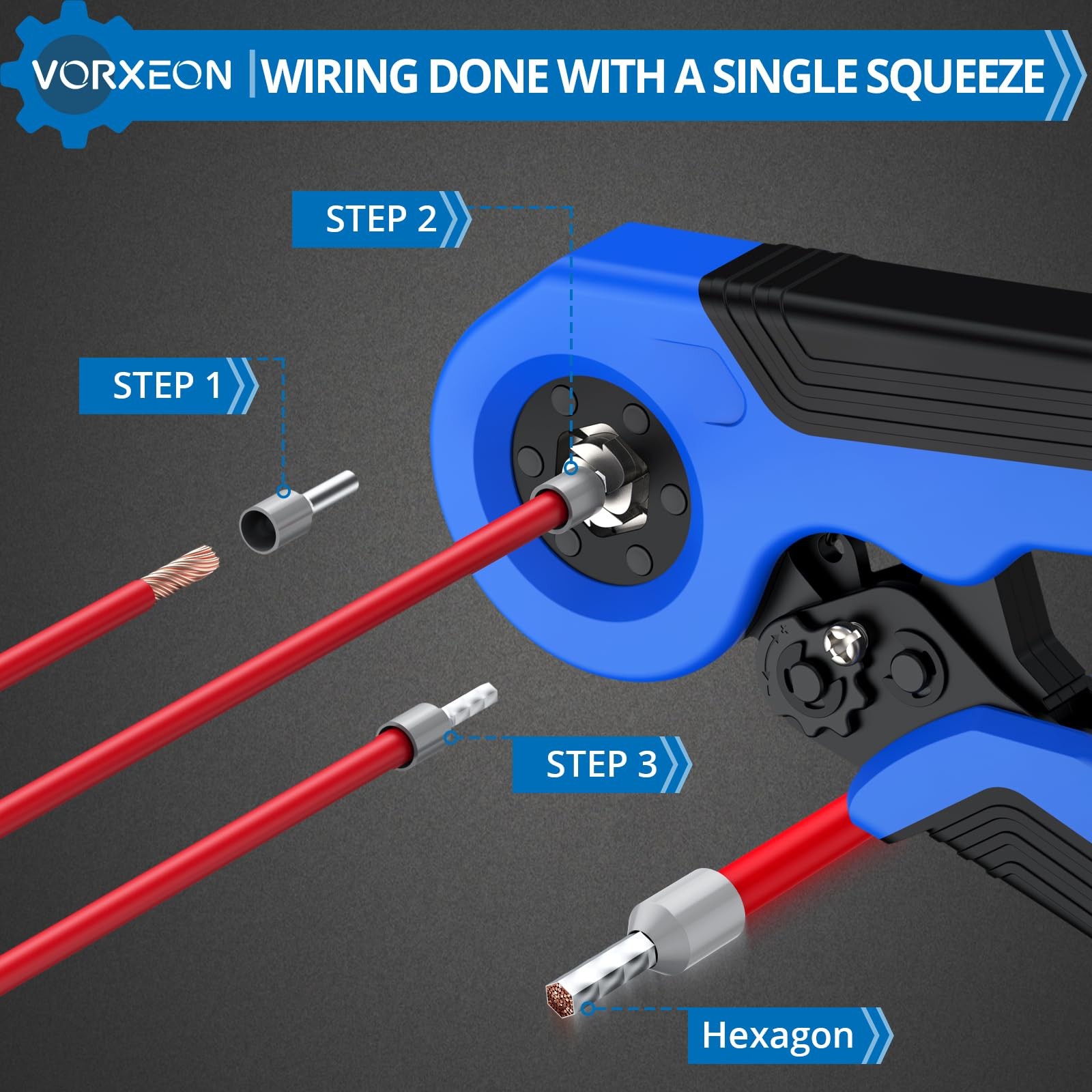 VORXEON Ferrule Crimping Tool Kit, Hexagonal Ratchet Plier Self-adjustable