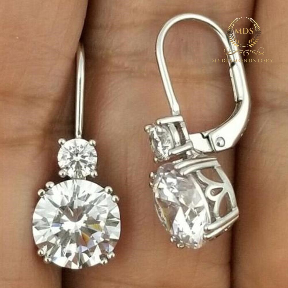 Solid 14K White Gold Moissanite Drop/Dangle Earrings Excellent Round Cut 2.30 CT