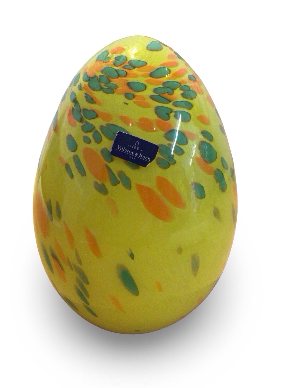 Large Vintage Villeroy & Bosh Handmade Glass Egg 25cm Yellow With Orange& Green