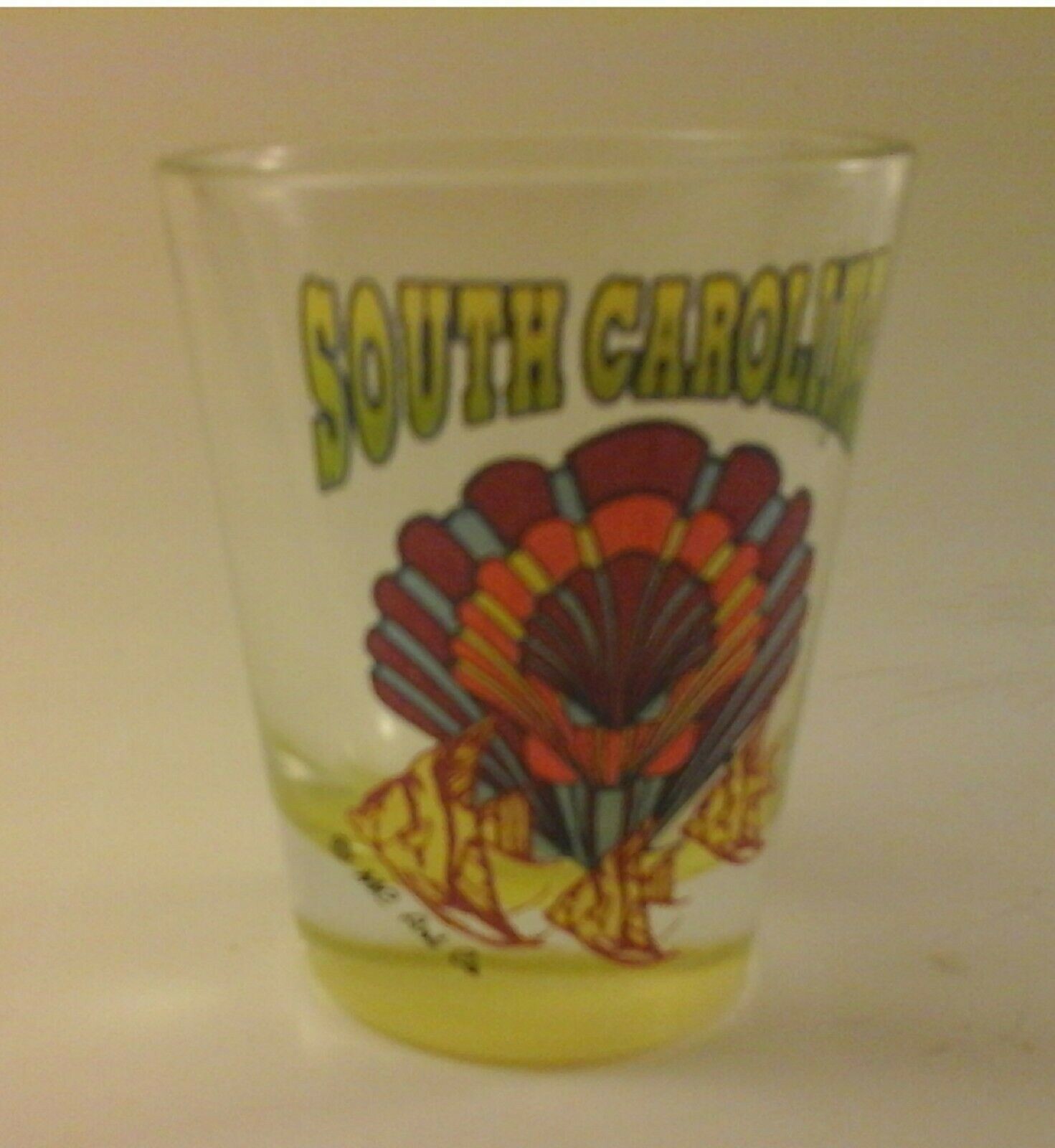 Vtg Shot Glass  - SOUTH CAROLINA - ANGEL FISH - Yellow Tint