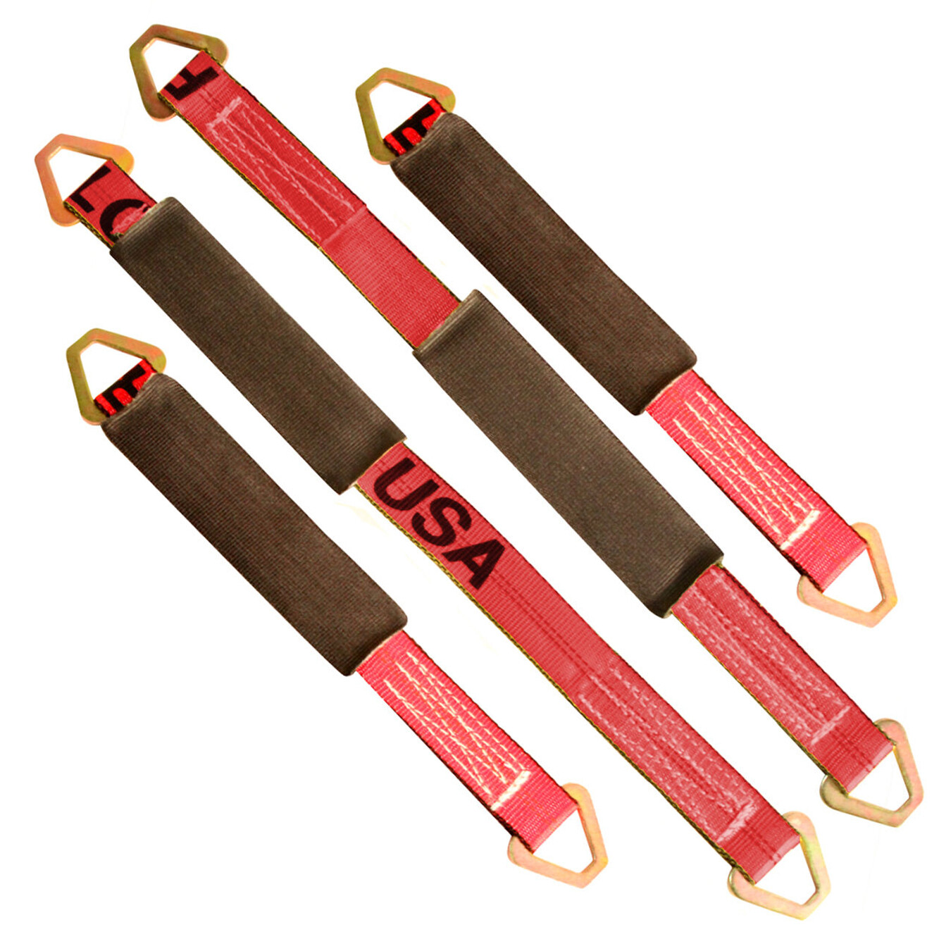 Red Axle Strap Tie Down with Sliding Sleeve Protection 21" & 31" Pair Towing