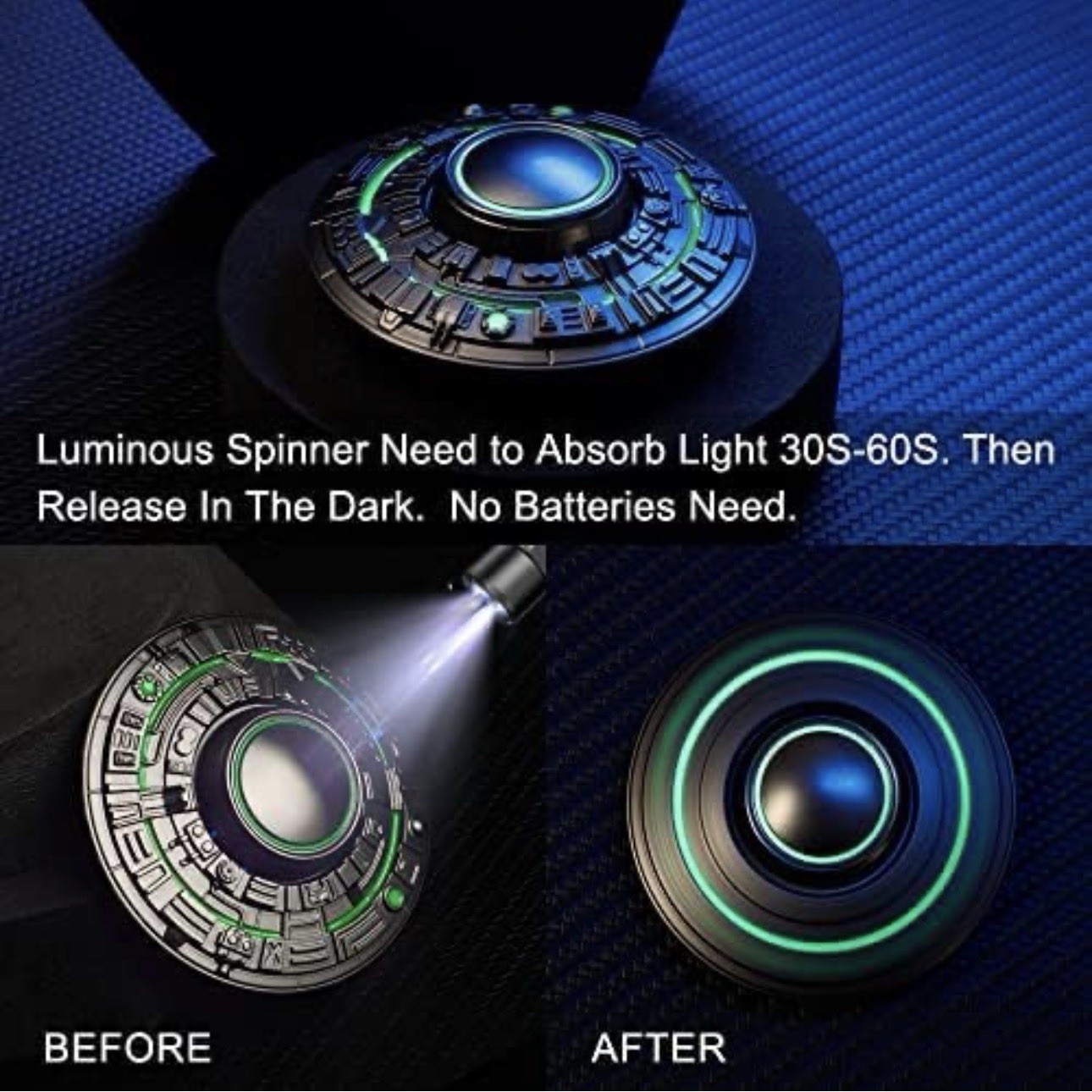 Anzmtosn UFO Spaceship Luminous Metal Fidget Spinner Black Green R188 Bearings