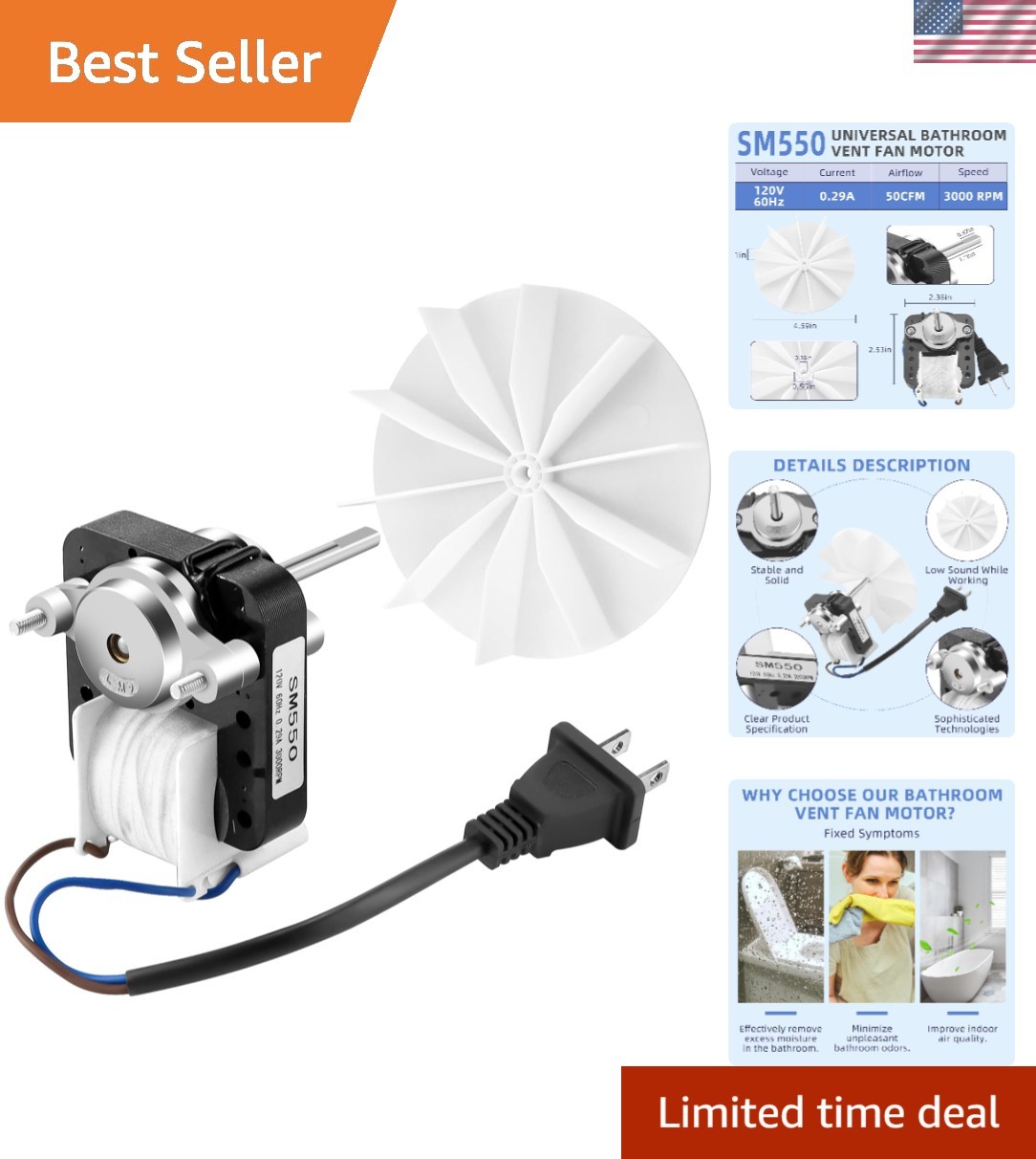 High-Quality SM550 Bathroom Fan Motor Kit - Quiet & Reversible Operation