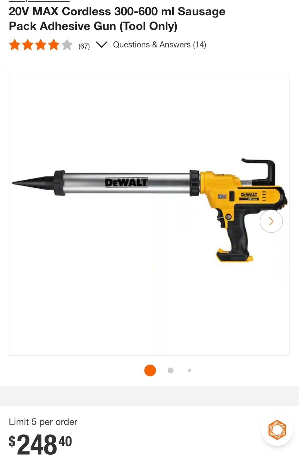 ⭐️NEW MADE IN USA⭐️ DeWalt 20V MAX Sausage Pack Caulk Gun DCE580B