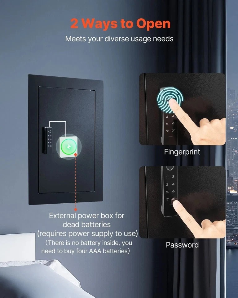 Wall Safe, 3-Tier Hidden Wall Safe with Fingerprint, Password, Key & Turning