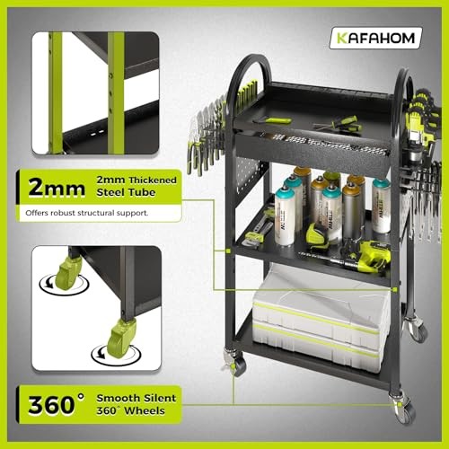 Power Tool Cart with Charging Station, Rolling Black-with Drawer and Power