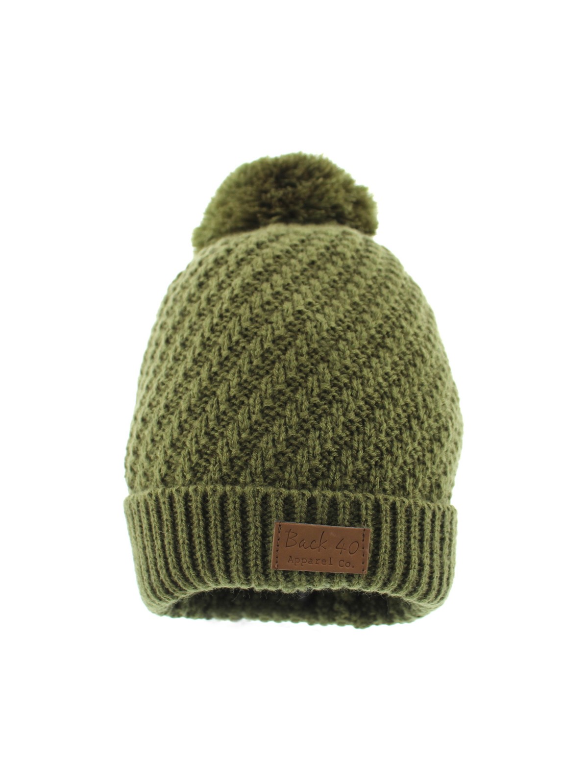 Cable Pom Pom Cuffed Beanie Unisex Olive Thick & Warm Knit Winter Hat by Back 40