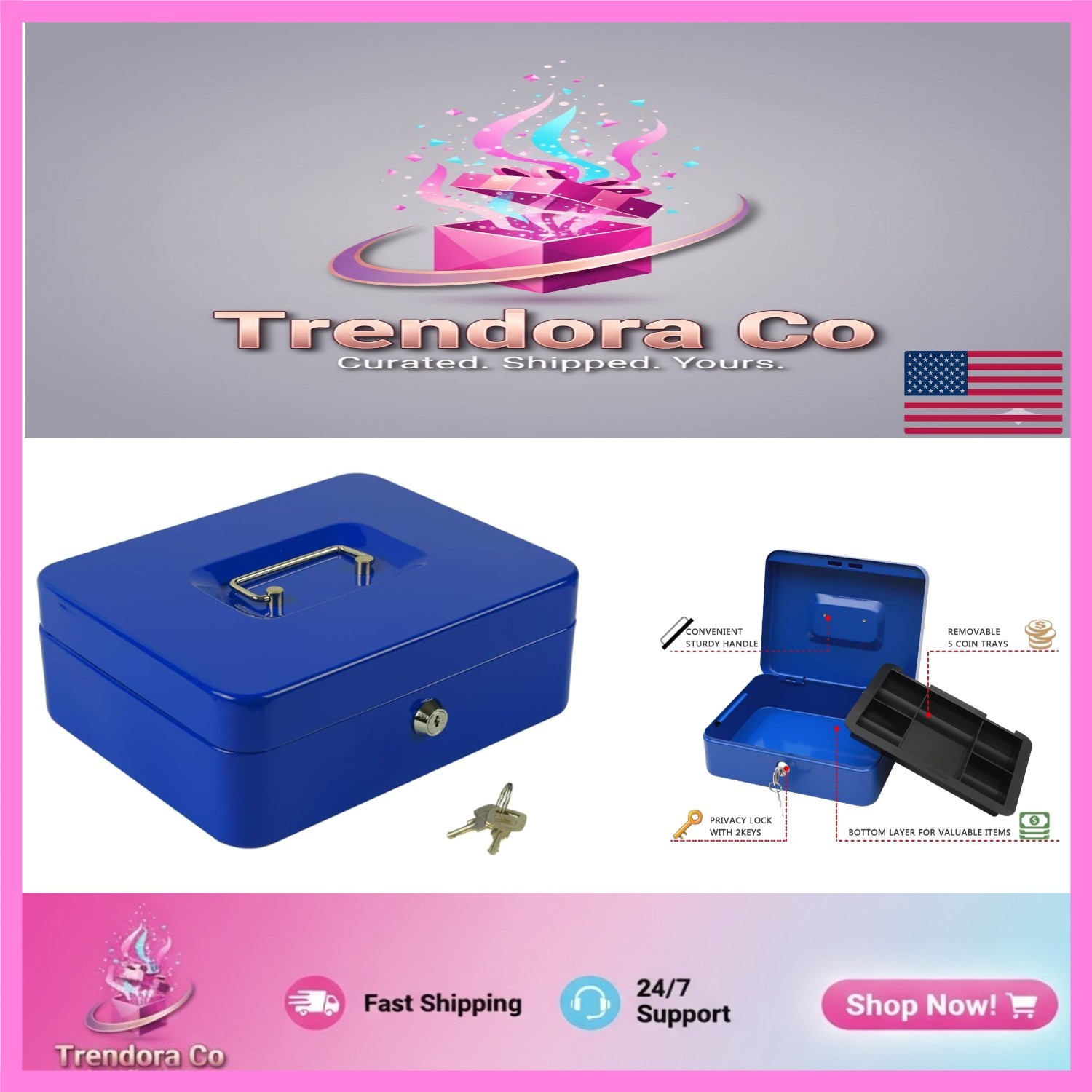 Large Blue Lock Box with Key, Portable Cash Storage Solution 9.84"x7.87"