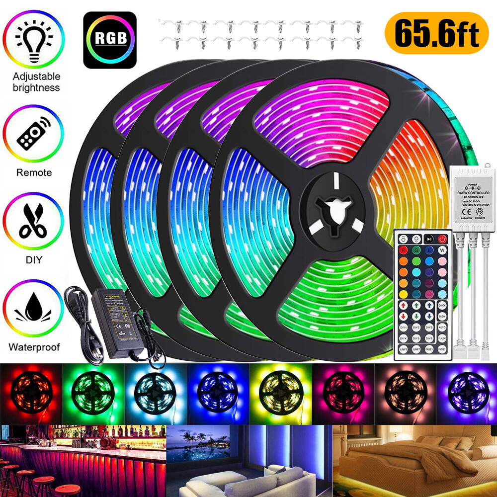 65.6FT RGB Led Strip Lights Waterproof Flexible with 44 Keys Remote 12V US Power