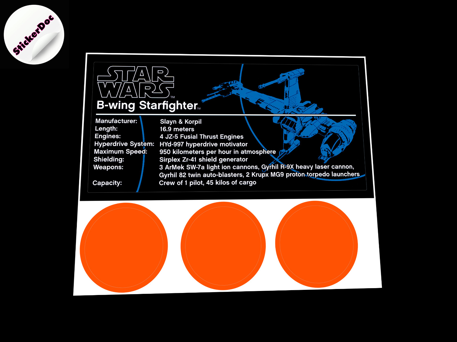 CUSTOM PLAQUE STICKER for B-Wing 10227 TOYS ,MODEL BUILDS ,BUILDING BLOCKS, etc