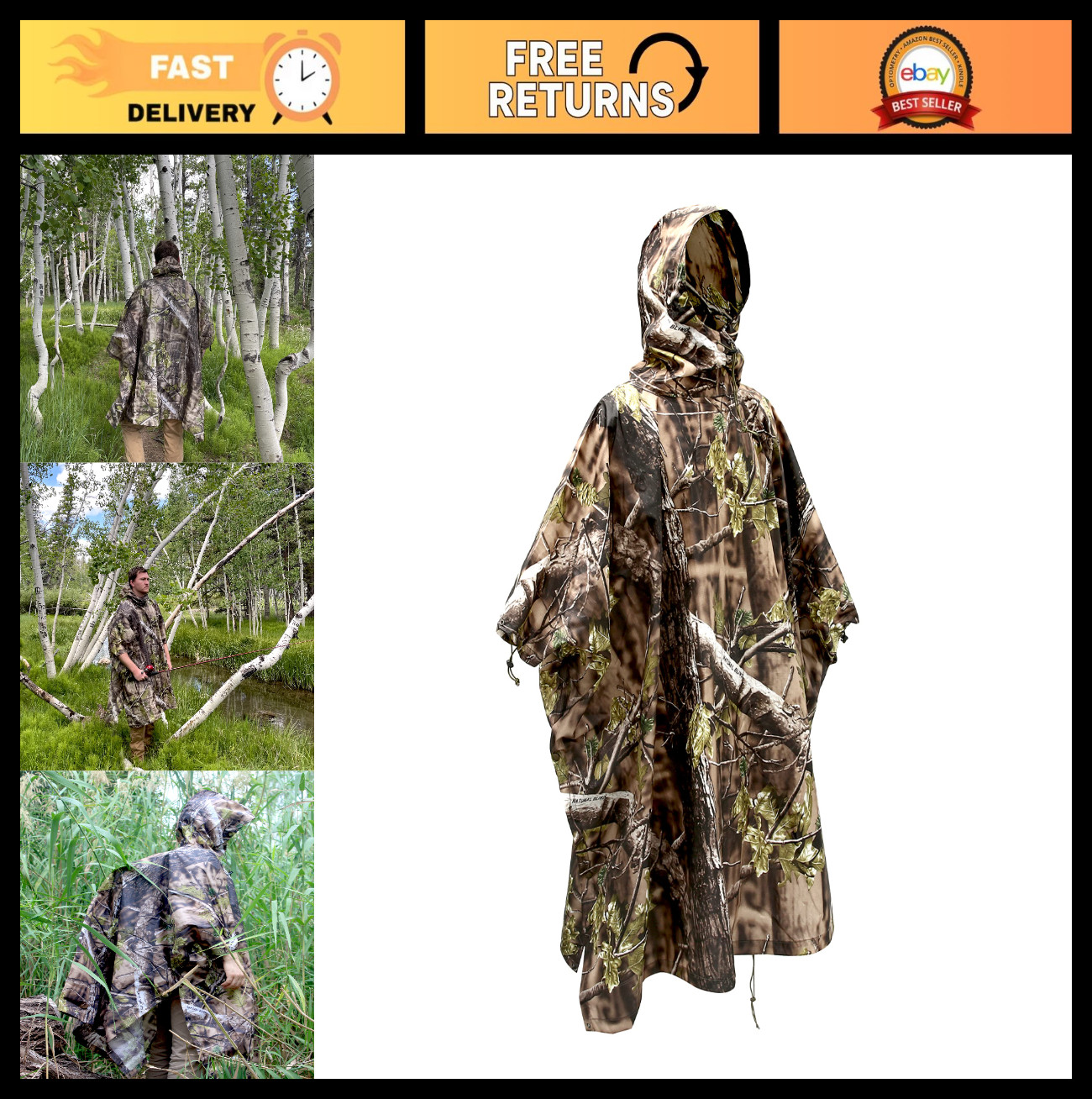 Hooded Waterproof Camouflage Rain Poncho - Camo Raincoat for Hunting, Hiking, Ca
