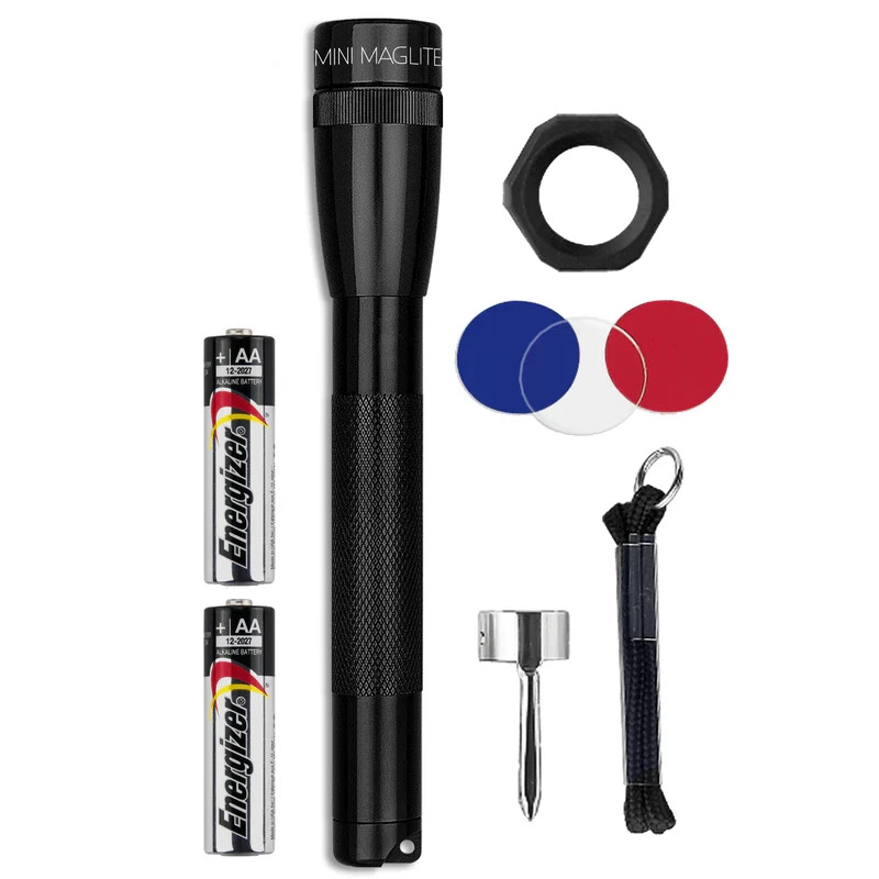 Maglite Mini Flashlight - Red/Blue/Clear Light Filters - Super Bright Xenon Bulb