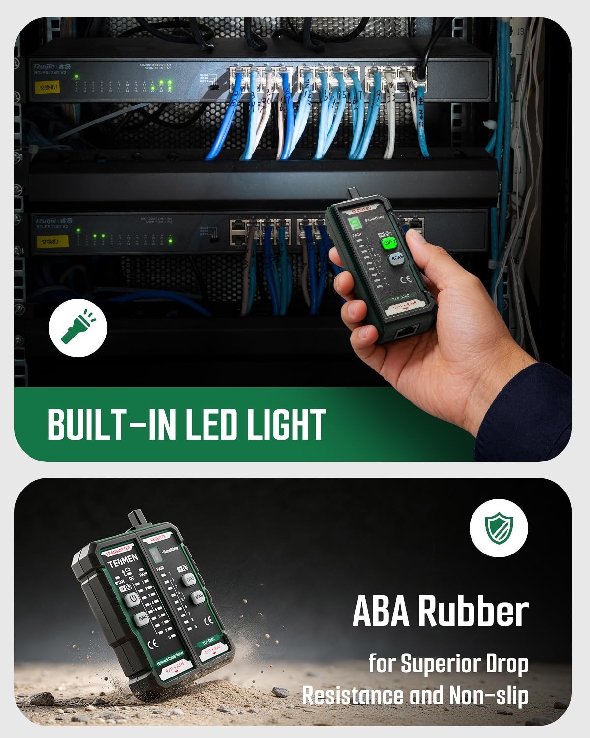 Compact RJ11 RJ45 Network Cable Tester & Wire Tracer - Green