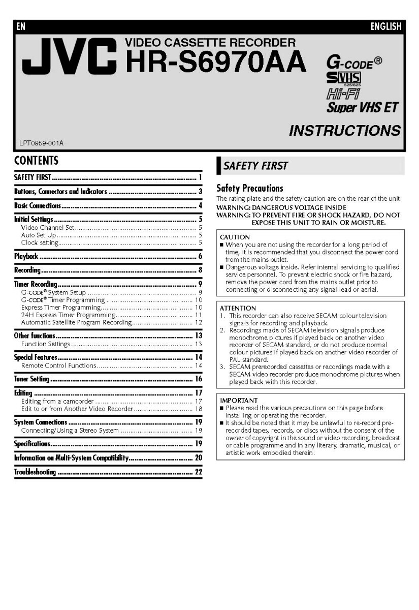 JVC HR-S6970AA VCR Owners Instruction Manual Reprint