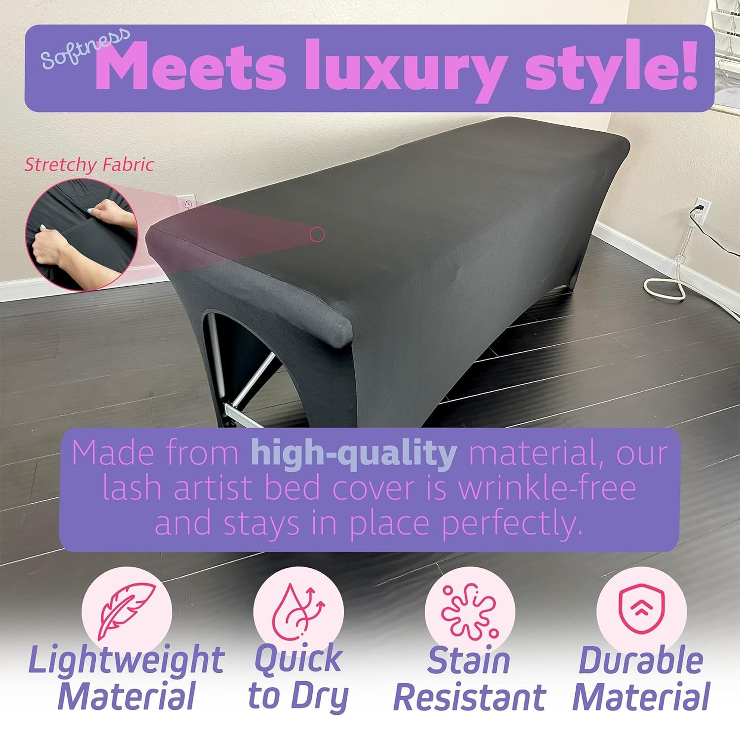 Luxury Black Stretch 6ft Massage Table Cover - Fitted & Machine Washable