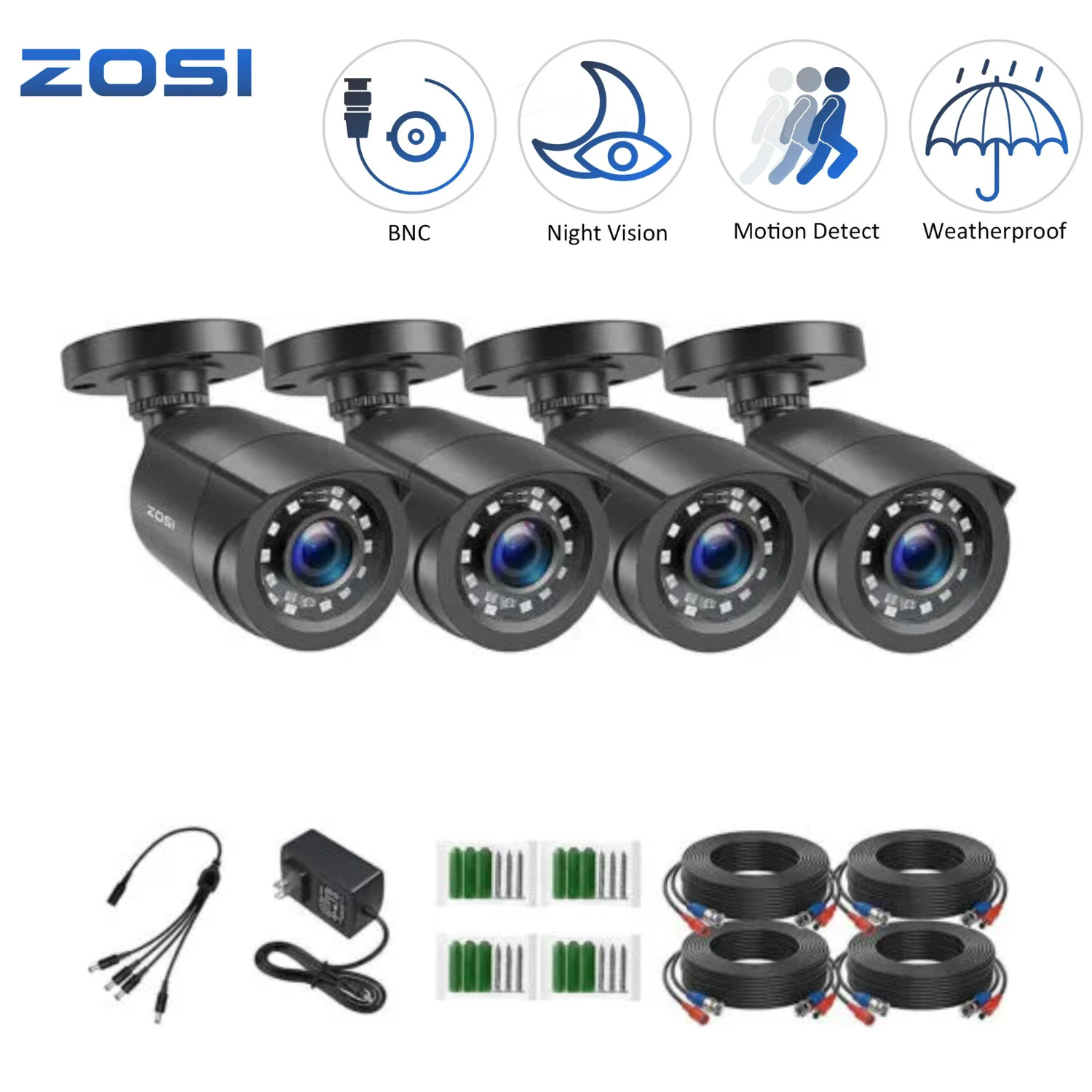 ZOSI 4 Pack 1080p Security Analog Wired Camera IP66 CCTV 80ft Night Vision TVI