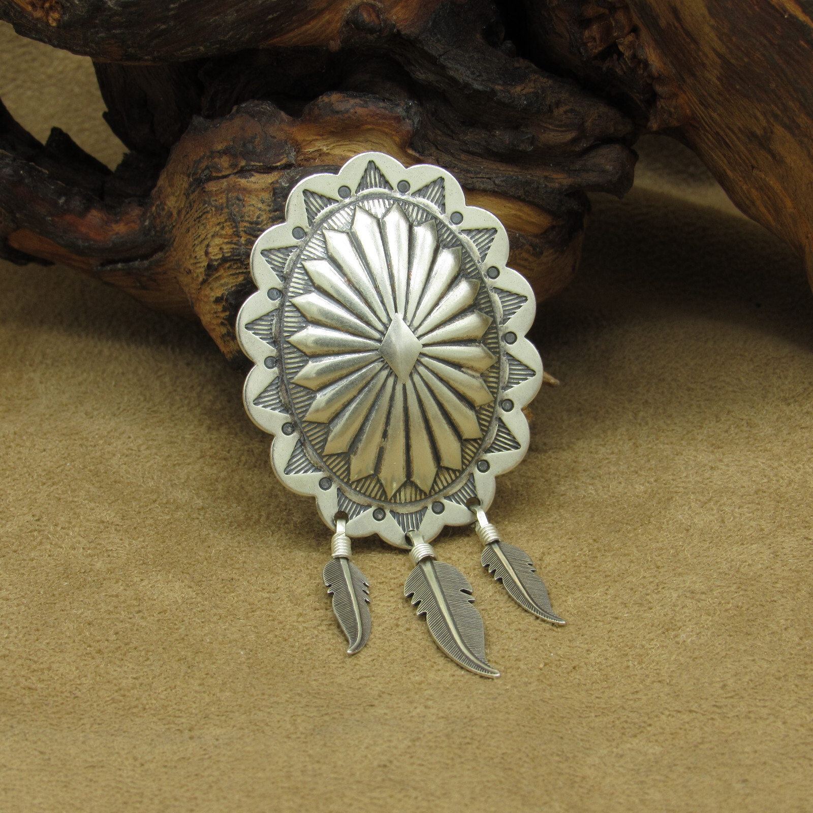 Sterling Silver Concho Button Cover With Dangling Silver Feathers