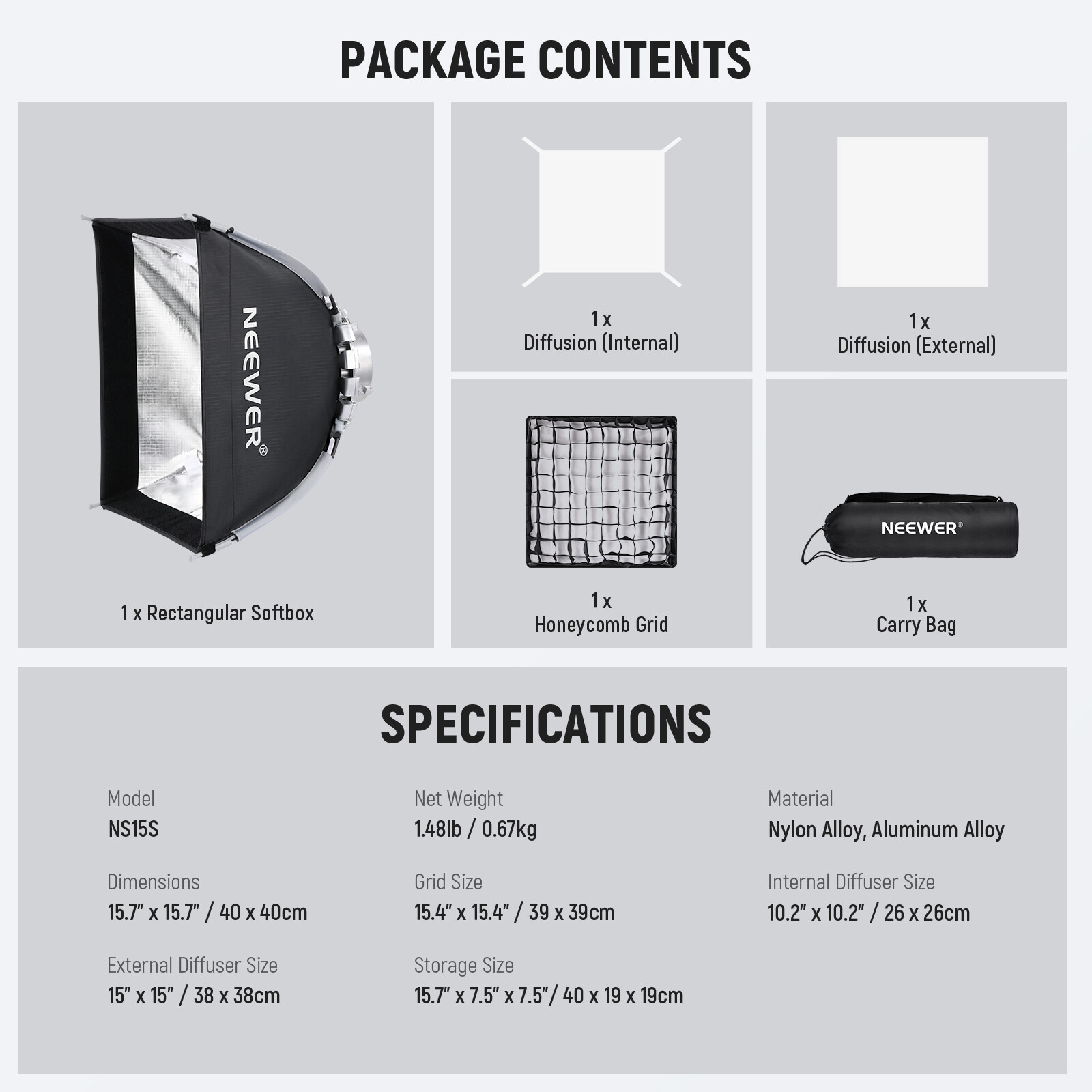 NEEWER 15.7''x15.7''Quick Setup Foldable Softbox Square&Diffusers/Honeycomb Grid