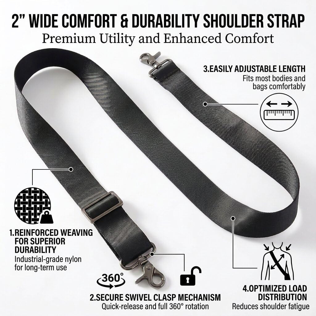 Heavy Duty Adjustable Shoulder Strap, 2" Wide Nylon Replacement Strap with Me...