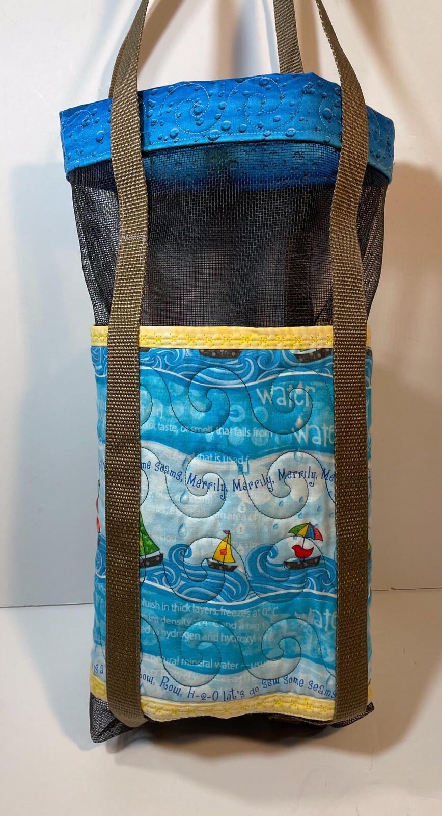 Quilted Fabric Tote with Vinyl Mesh 11 x 15 x 5" Handmade Blue Fabric Sail Boats