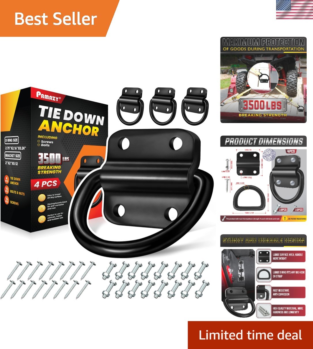 Heavy Duty Tie Down Anchors - 4PC Set with 3500lb Capacity for Secure Transport