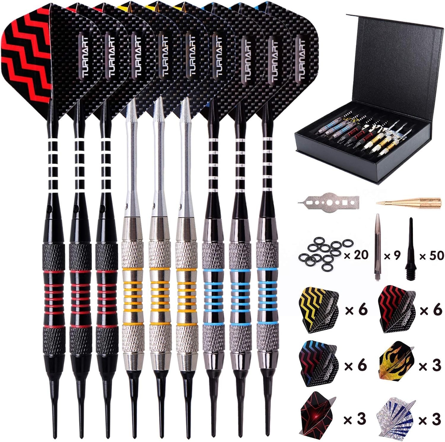 Professional Soft Tip Darts Set 9 Pcs 18g with Gift Case & 50 Extra Tips